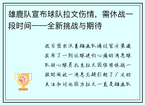 雄鹿队宣布球队拉文伤情，需休战一段时间——全新挑战与期待
